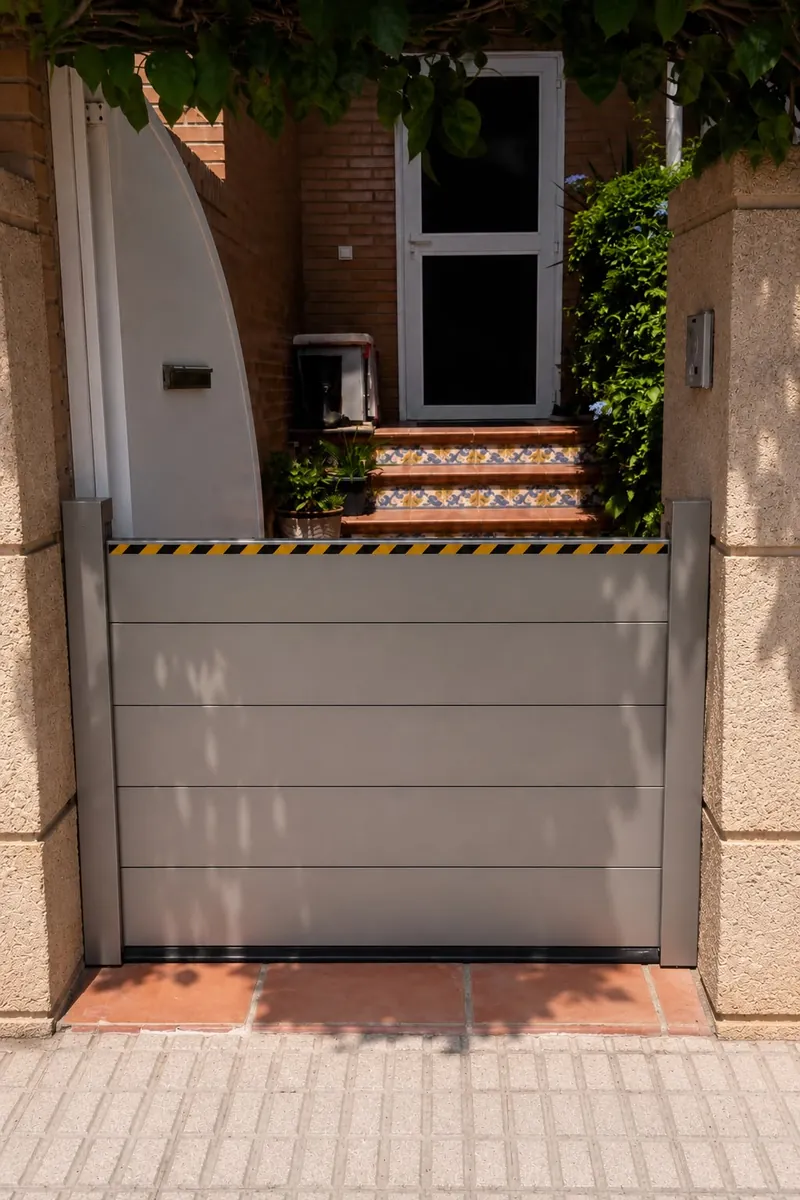 Barrera antiinundación instalada en la entrada de una vivienda con jardín